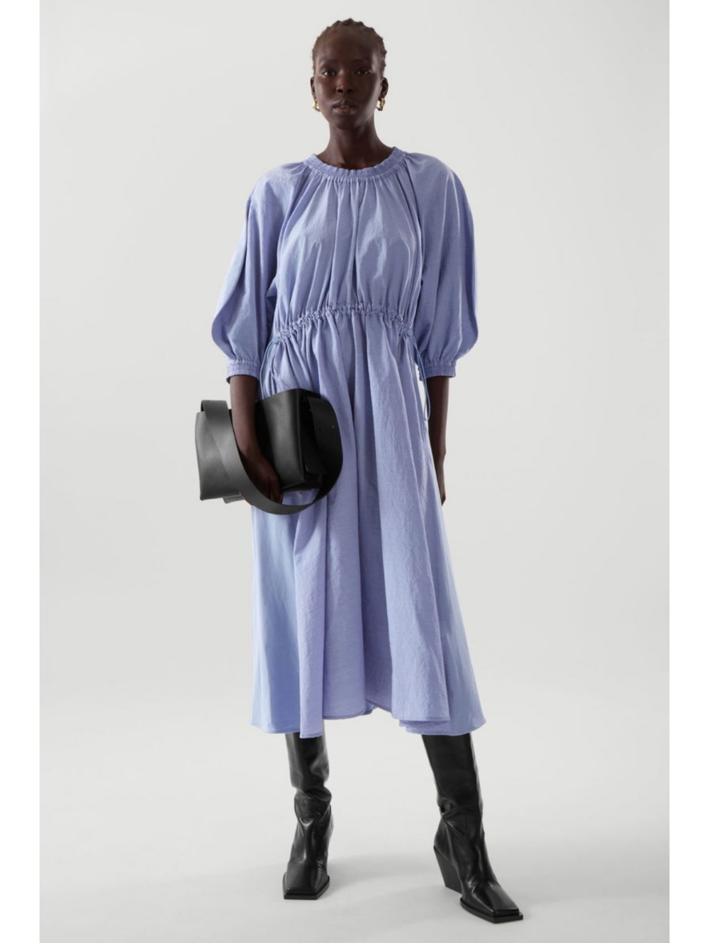 COS Light Blue Volume-Sleeve Mixed Media Midi Dress Pockets 3/4 Sleeves Size S - Picture 4 of 10